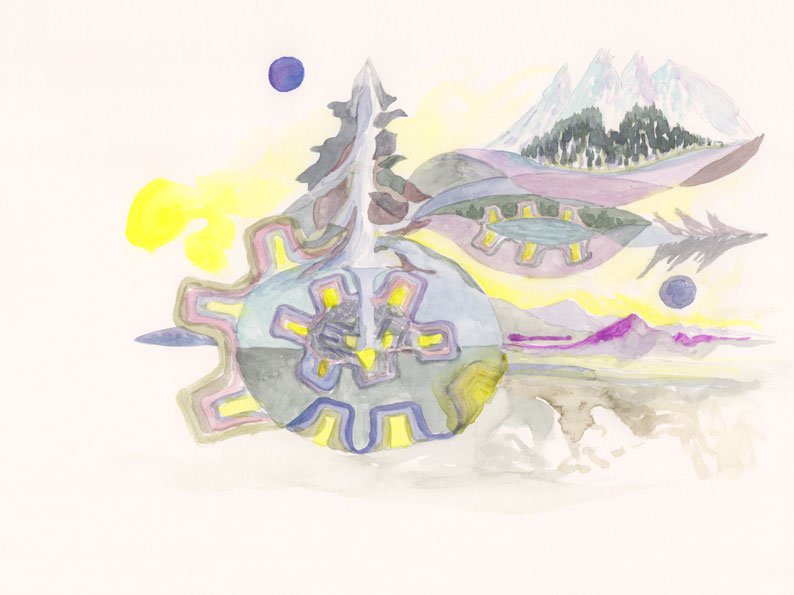 Suzanne Treister, TECHNOSHAMANIC SYSTEMS/Earth Eco Systems and Architectures/Violet Sun Entangled Village Homestead, 2020-21, watercolour on paper, 21 x 29.7 cm. Courtesy the artist, Annely Juda Fine Art, London and P.P.O.W. Gallery, New York.