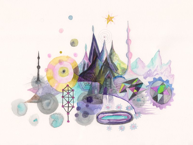 Suzanne Treister, TECHNOSHAMANIC SYSTEMS/Earth Eco Systems and Architectures/Violet Mountain Valley Temples Homestead 2020-21, watercolour on paper, 21 x 29.7 cm. Courtesy the artist, Annely Juda Fine Art, London and P.P.O.W. Gallery, New York.