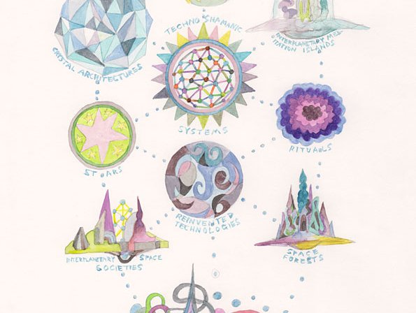 Suzanne Treister, TECHNOSHAMANIC SYSTEMS/Diagram/Tree of Life 02, 2020-21, watercolour on paper, 29.7 x 21 cm. Courtesy the artist, Annely Juda Fine Art, London and P.P.O.W. Gallery, New York.