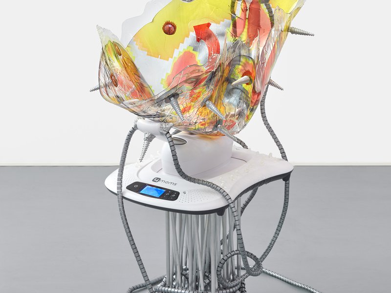 Katja Novitskova, Mamaroo (smouldering brain, growth potential), 2018, electronic baby swing, robotic bugs, plastic hoses, lasers, epoxy clay, digital print, polyurethane resin, aluminum folding stand. Courtesy of the artist and Kraupa--Tuskany Zeidler, Berlin.