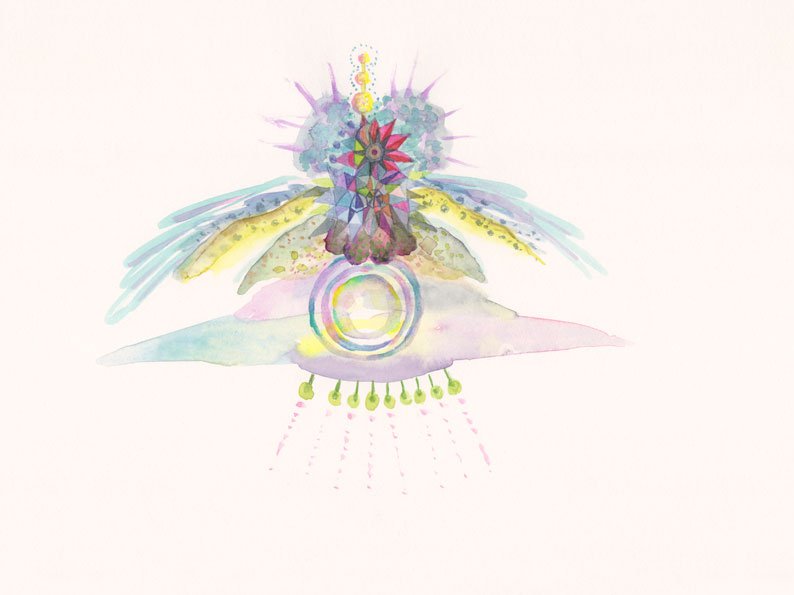 Suzanne Treister, TECHNOSHAMANIC SYSTEMS/Rituals/Transmutation from Vulture to Crystal to Spaceship 01, 2020-21, watercolour on paper, 21 x 29.7 cm. Courtesy the artist, Annely Juda Fine Art, London and P.P.O.W. Gallery, New York.