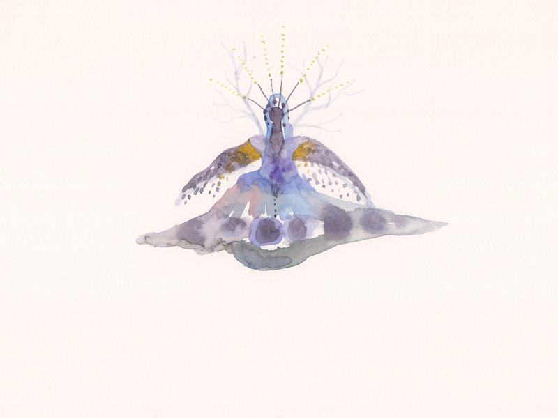 Suzanne Treister, TECHNOSHAMANIC SYSTEMS/Rituals/Transmutation from Human to Spaceship 03, 2020-21, watercolour on paper, 21 x 29.7 cm. Courtesy the artist, Annely Juda Fine Art, London and P.P.O.W. Gallery, New York.