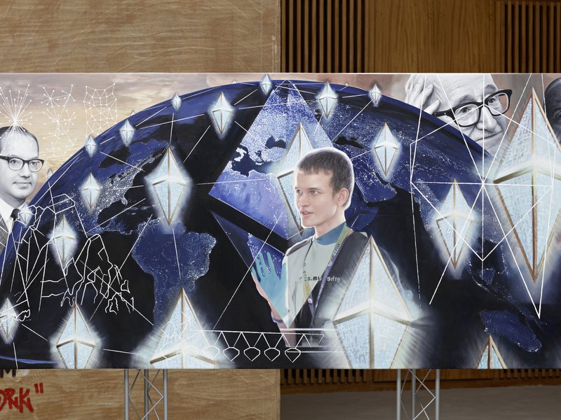 Simon Denny, Blockchain Future States trade fair booth with custom postage stamp: Ethereum [with Linda Kantchev] 2016.  Photo by Hans-Georg Gaul / Courtesy of the artists and Galerie Buchholz Berlin/Cologne/New York.